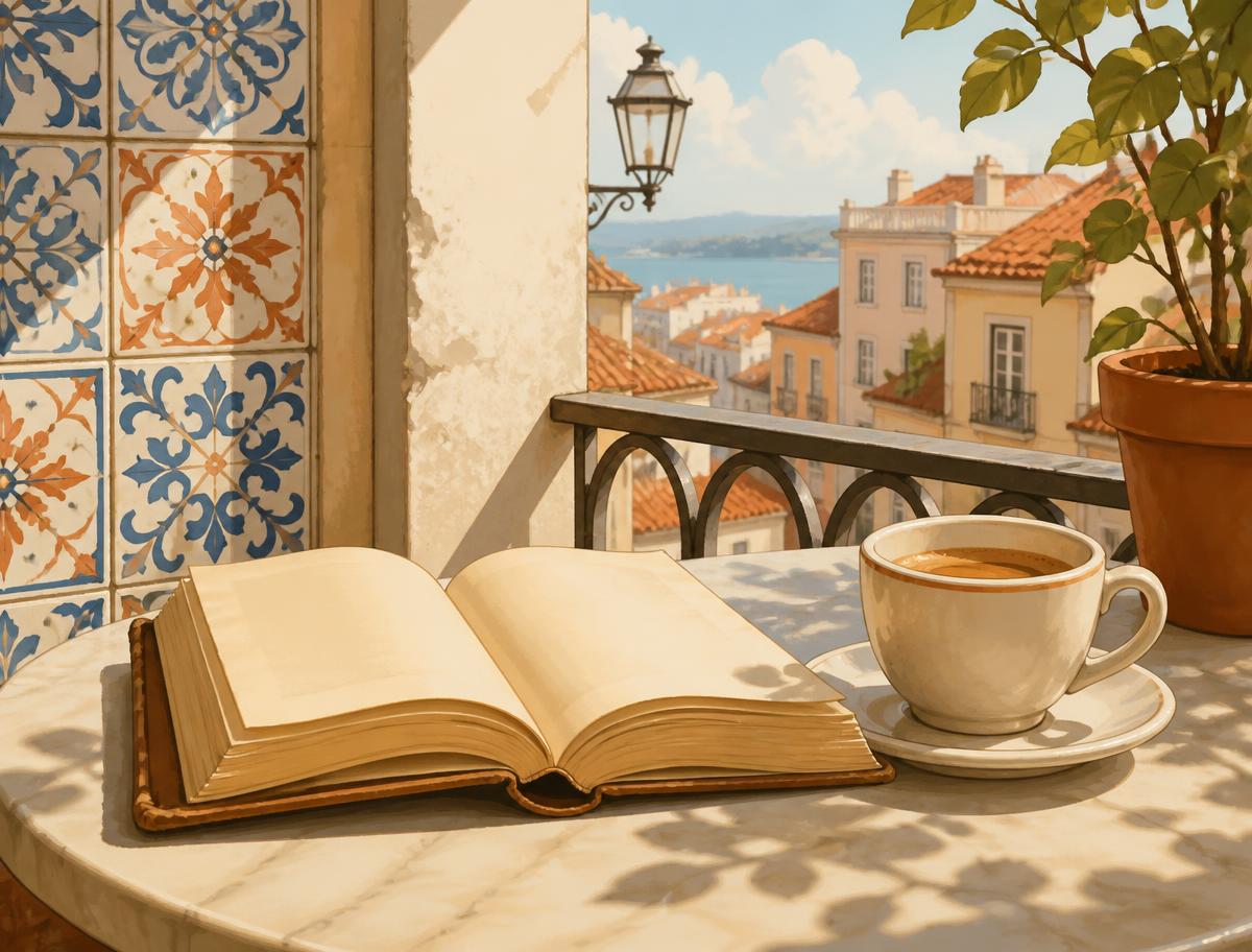 Illustration of an open book and coffee on a Lisbon cafe table