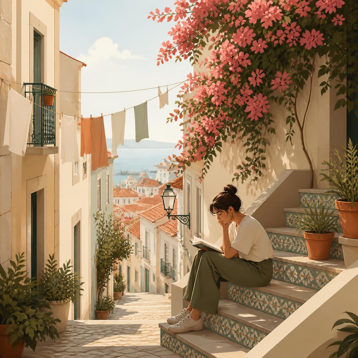 Illustration of a person reading on tiled steps in a summer Lisbon side street