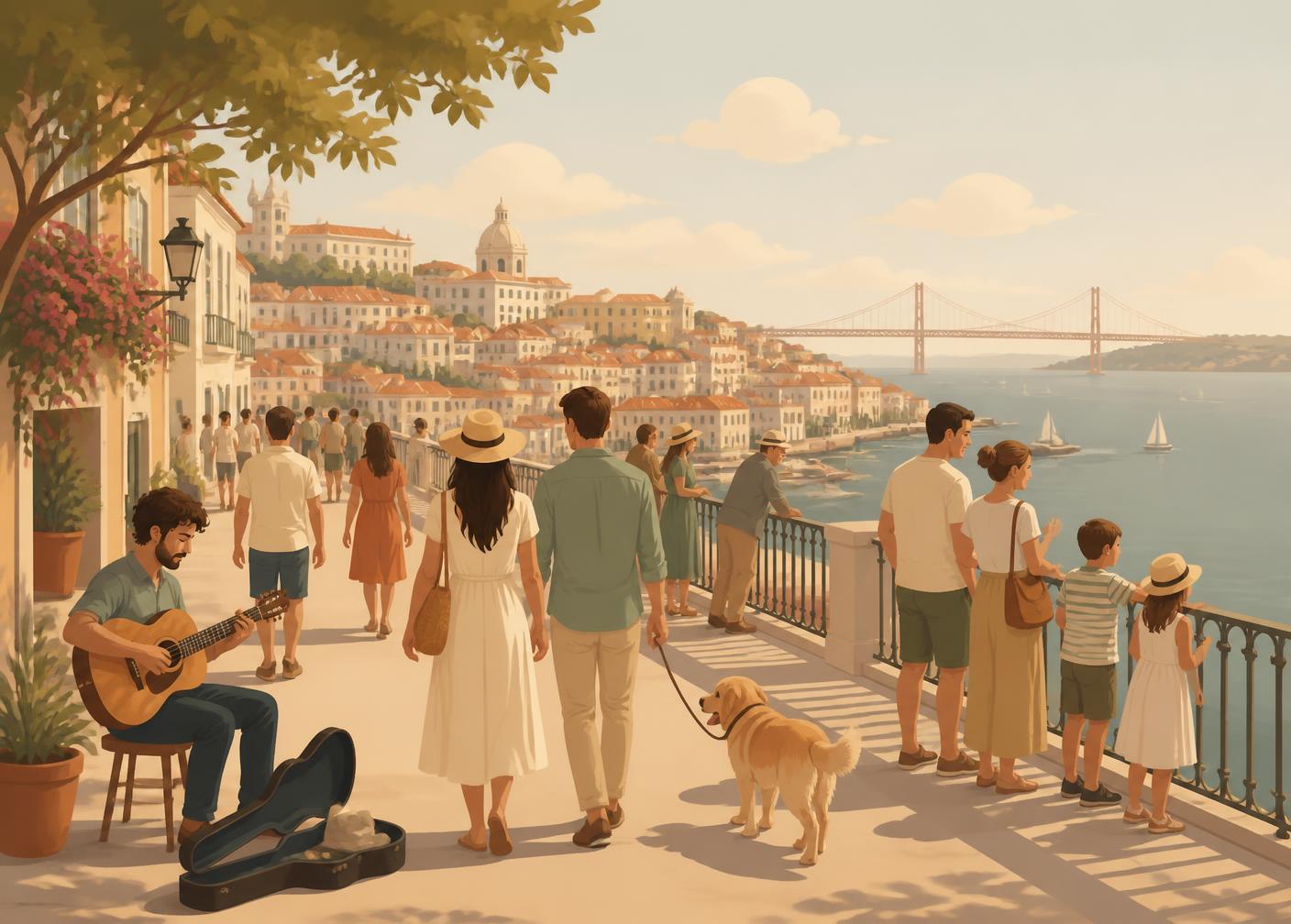 Illustration of people on a Sunday walk along a Lisbon viewpoint above the river